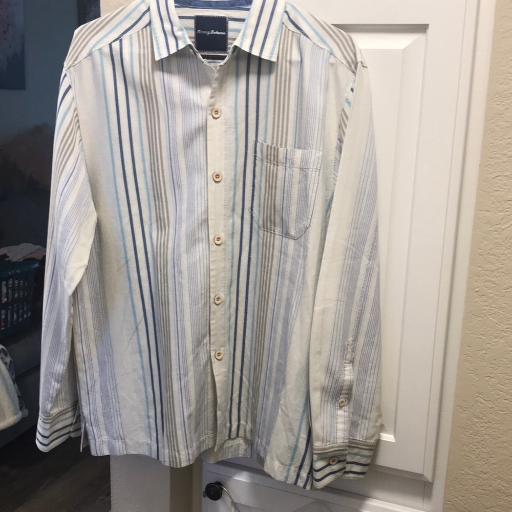 Men’s Tommy Bahama cream, Blue, and grey silk blend button down shirt